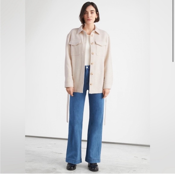 & Other Stories wool blend overshirt jacket Shacket tie waist in oatmeal - Picture 5 of 9